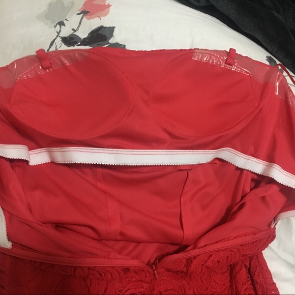 Fire Red Strapless Lace Mermaid Gown - Picture 4 of 5